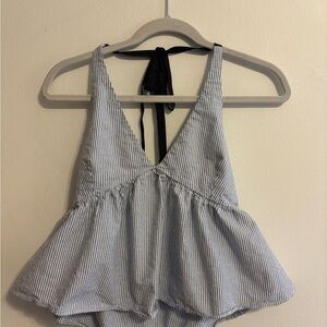 Zara Blue and White Striped Halter Peplum Top with Black Tie